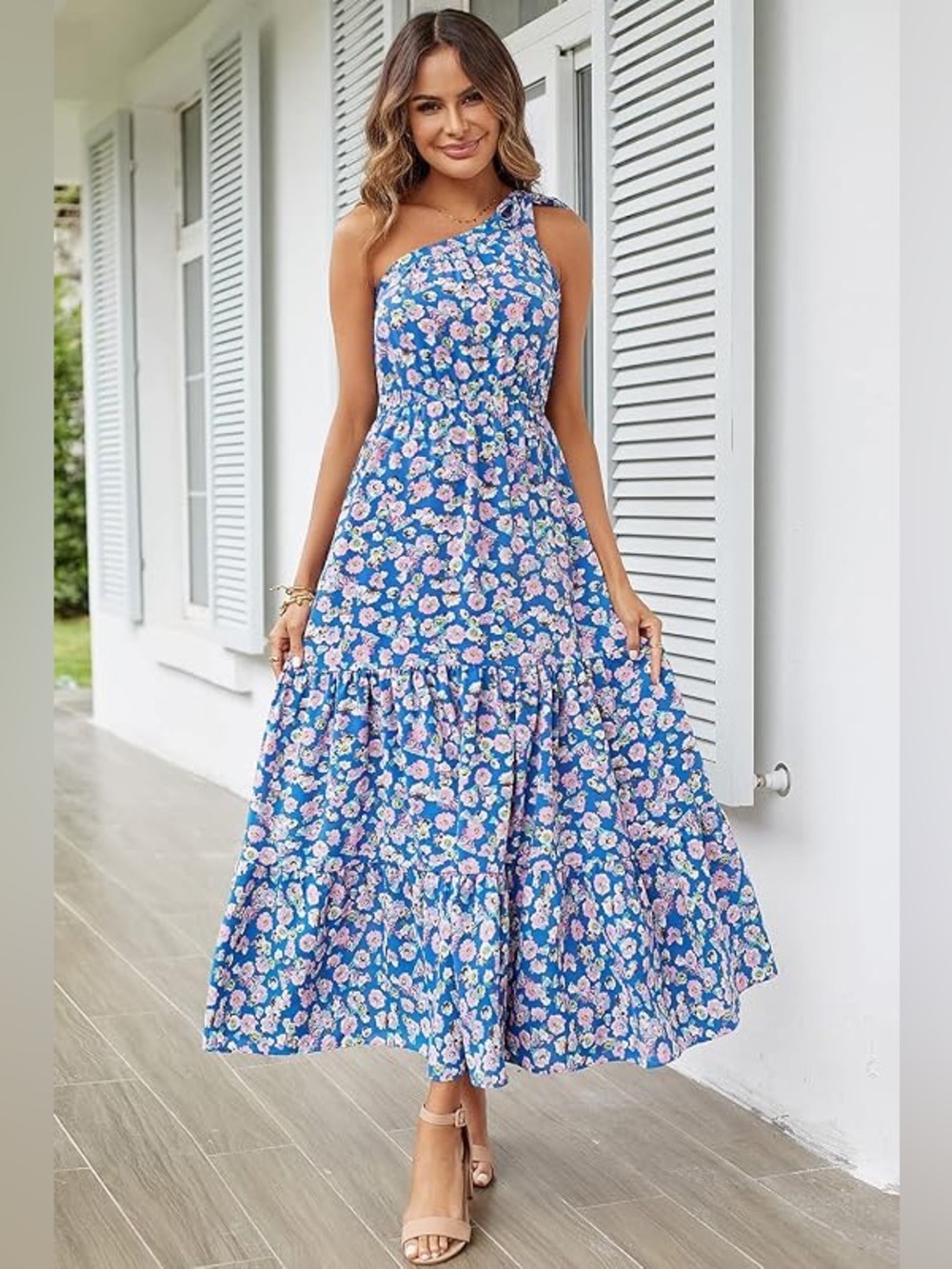 PrettyGarden Blue Floral One-Shoulder Tiered Maxi Dress